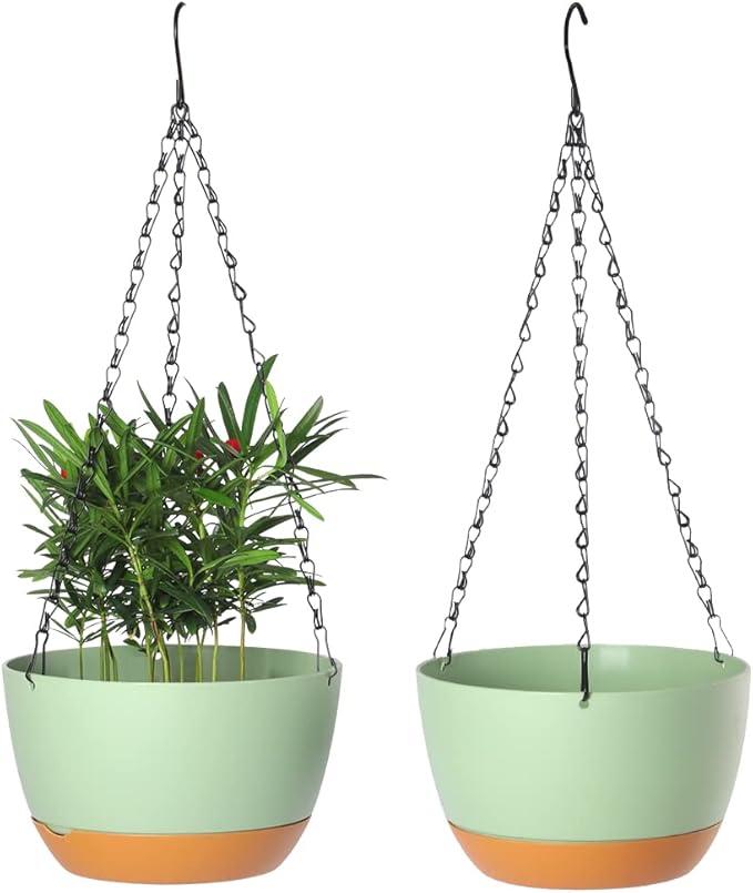 2 Pack Plastic Hanging Planters 10 Inch Hanging Pots with Drainage Hole for Indoor Outdoor Plants, Round Hanging Basket with Removable Tray for Home Garden Porch Balcony Patio Decor
