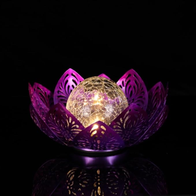 12 inches Solar Lights Outdoor Garden, Crackle Globe Glass Lotus Decoration, Waterproof LED Metal Flower Lights for Patio,Lawn,Walkway,Tabletop,Ground Gardening Gifts (Purple Hollow)