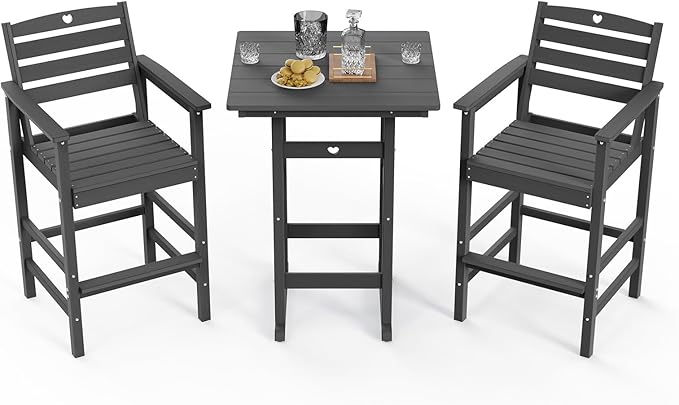 3-Piece HDPE Outdoor Bar, Outdoor Bar Stools and Outdoor Bar Table with Heart Cutout Design, All Weather Bistro Set Outdoor for Patio, Porch, Pool (Grey)