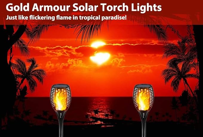 Gold Armour 2 Pack Solar Lights Upgraded - Flickering Flames Torch Solar Path Light - Dancing Flame Lighting 96 Led Dusk to Dawn Flickering Tiki Torches Outdoor Waterproof Garden