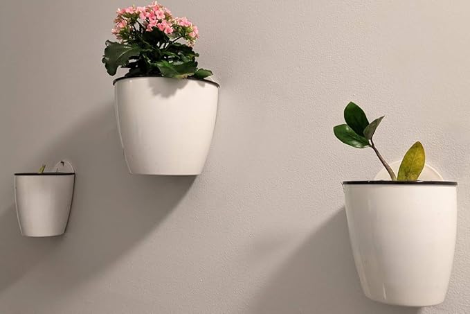 3 Packs 7.3" Plastic Self Watering Pots Wall Hanging Planters Wall Mounted Wicking Flower Pots for Indoor and Outdoor African Violet, Ocean Spider Plant, Orchid, White