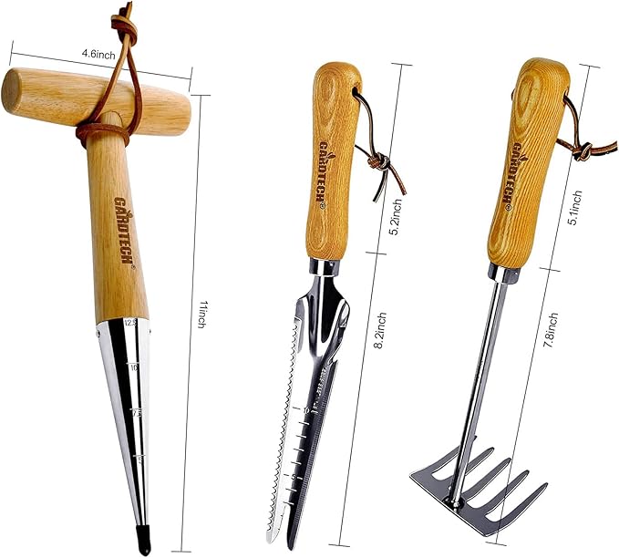 Gardtech Garden Tool Set, Made by Real Ash Wood Handle and Thicken Stainless Steel- 3 Pcs Including Garden Hand Trowel, Transplant, Cultivator-Gardening Gifts for Gardener