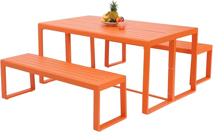 Aoodor 3-Piece Outdoor Patio Dining Set, Aluminum Furniture Set with 1 Rectangular Picnic Table and 2 Benches for Garden, Lawn, Yard