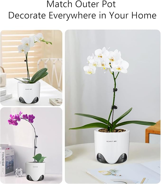 4 inch Orchid Pots with Holes, Set of 2, Double Layer Plastic Imitate Ceramic Planters for Good Air Circulation