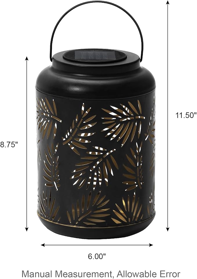 Glitzhome Solar Lantern Black Metal Cutout Leaf Outdoor Hanging Solar Light with Handle for Garden Patio Yard Outdoor Decor