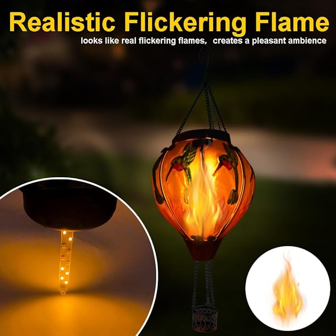 2PC Hot Air Balloon Solar Lantern with 2PC Shepherd Hook, Flickering Flame Hanging Solar Lanterns Outdoor Lights Waterproof Lanterns Decorative Garden Patio Yard Party Decor (Hummingbirds)