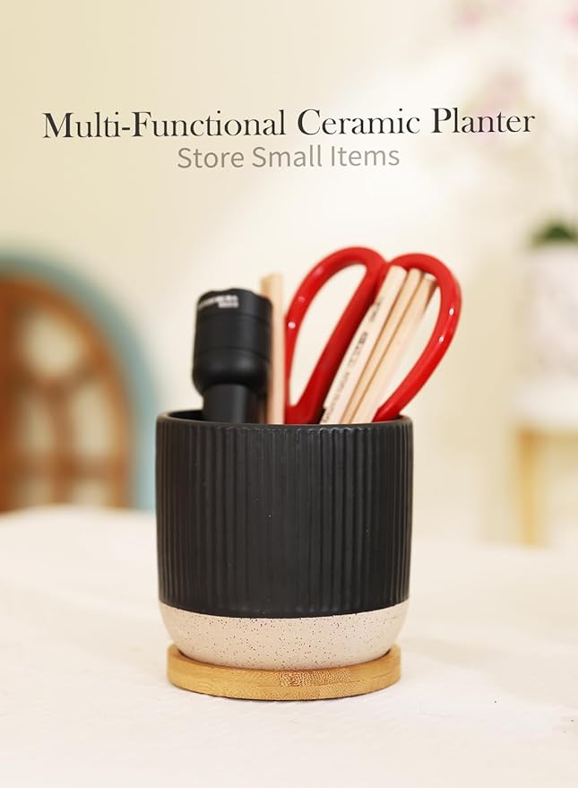 AOMRYOM 4 Inch Small Ceramic Plant Pots with Drainage Hole and Saucer, Modern Flower Planter for Succulent, Indoor Plants, Cactus, Herbs, Black, Set of 4 (Plant Not Included)