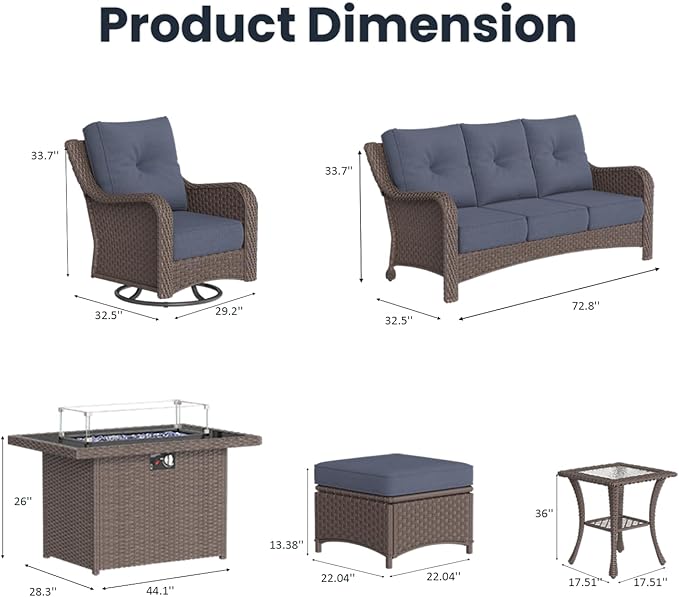 8 Pieces Outdoor Patio Furniture Sets with Rocking Swivel Chairs with 6-inch Thick Cushion and Fire Pit Table for Deck Lawn
