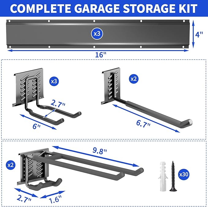 Garage Organization Tool Organizer Wall Mount, 48inch Heavy Duty Garden Tool organizer Storage System, Easy Install With 7 Adjustable Hooks, For Garage, Basement, Shed, Workshop(Black)