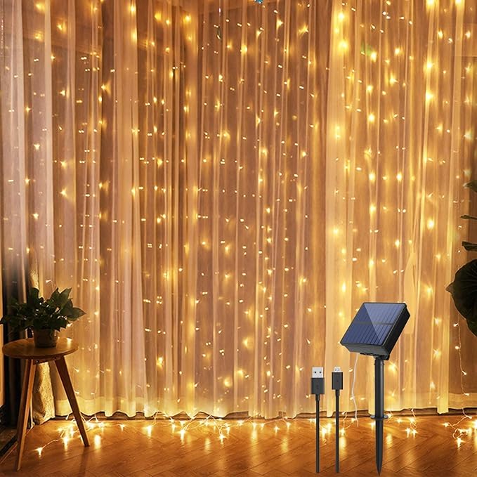 IMAGE Solar Curtain Lights 8 Modes 9.8x9.8 Feet Solar String Lights for Wedding Party Home Decoration Backdrops Full Waterproof UL Safety Standard Warm White