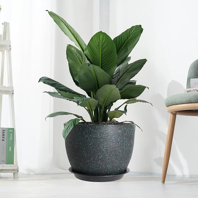 12/10/9 Large Modern Plant Pots, Plastic Planters with Drainage Holes and Saucers for Indoor Outdoor Plants Flowers, Black with Green Speckles