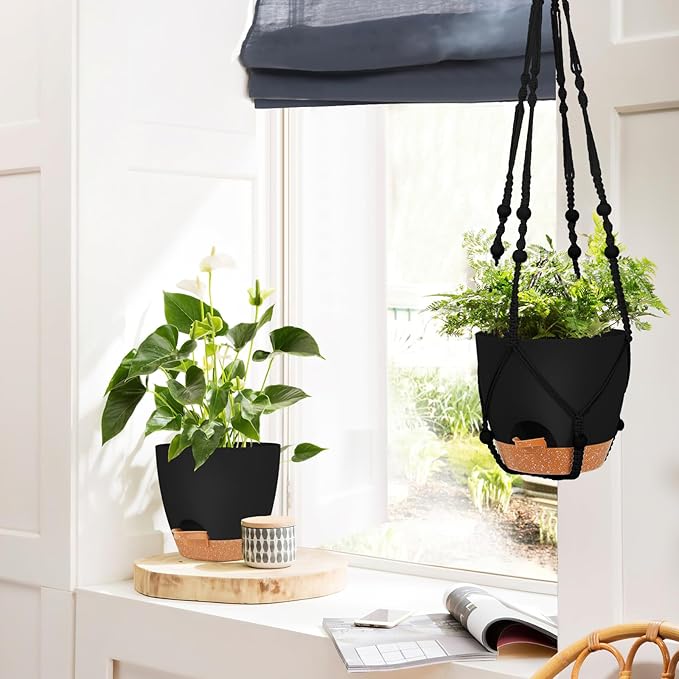GARDIFE 8 Inch Hanging Planters with Macrame Plant Hanger for Indoor and Outdoor Plants, 2 Pack Large Self Watering Hanging Plant Pot with Basket Flower Pot with Drainage Hole, Black