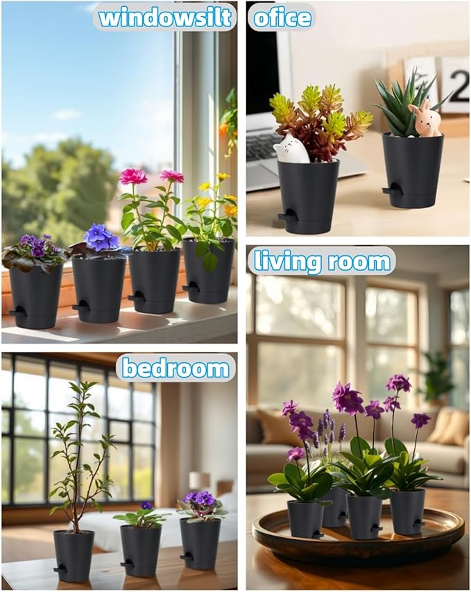 12 Pack 4 Inch Self Watering Plant Pots with Drainage and Saucers,Plastic Flower Pots for Indoor and Outdoor Plants, Nursery Planters for Houseplants and Herbs Black, 4 inch 12pcs