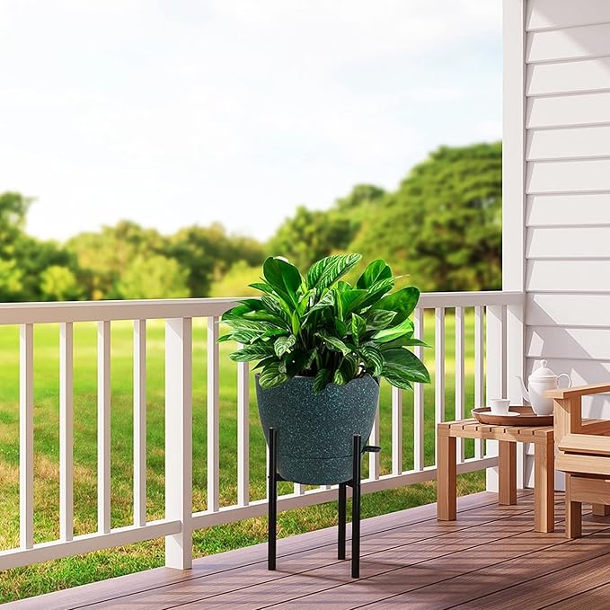 12 inch Large Self Watering Pots, Plastic Planters with 60oZ Removable Deep Reservoir and Multi Mesh Drainage Holes for Indoor Outdoor Garden Plants and Flowers, Black with Green Speckles