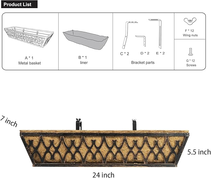 4 Pack 24 Inch Window Boxes Planters Railing Planter Box with Adjustable Brackets for Porch Fence Patio Balcony Hanging Flower Baskets with Coco Liners for Outdoor Garden Decor - Bronze