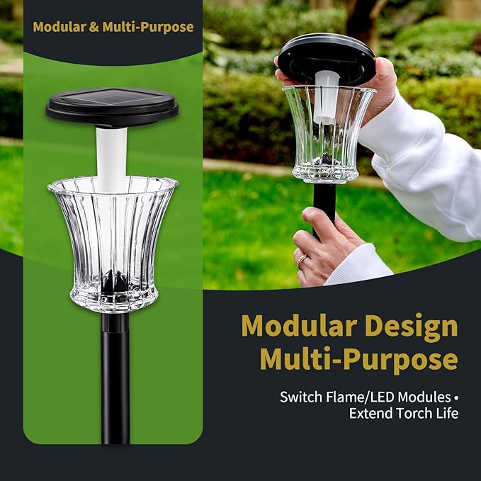 Glass Solar Torch Lights Outdoor Waterproof, Flickering Flame Tiki Torches with Modular Design, Auto On/Off LED Solar Lights for Garden Patio Yard Lawn Pathway Walkway Decorations (3 Pack)