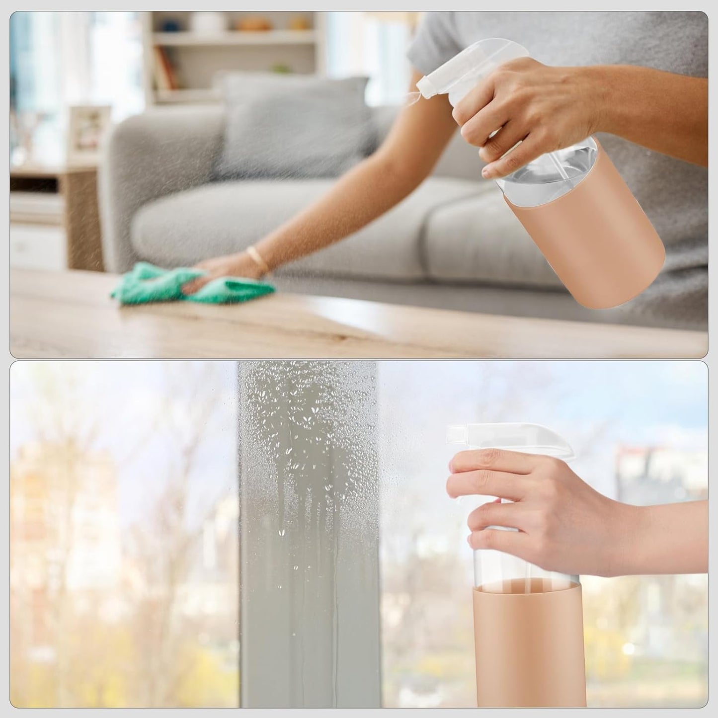 2 Pack Glass Spray Bottles with Silicone Sleeve, 16 oz Empty Refillable Containers with Adjustable Spray Nozzles, Spray Bottles for Hair, Cleaning Solutions and Plants Pink&khaki