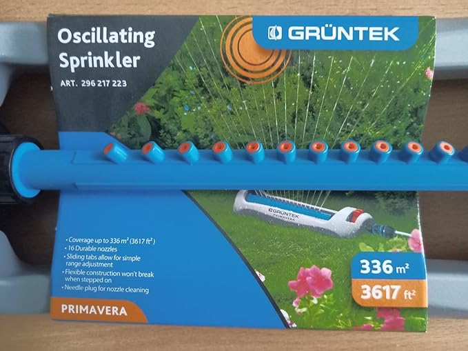 GRÜNTEK Oscillation Sprinkler Primavera up to 3617 ft² Irrigation Area, Blasting Width Up to 69x49ft., Oscillating Sprinkler for Lawn, Plants, Garden
