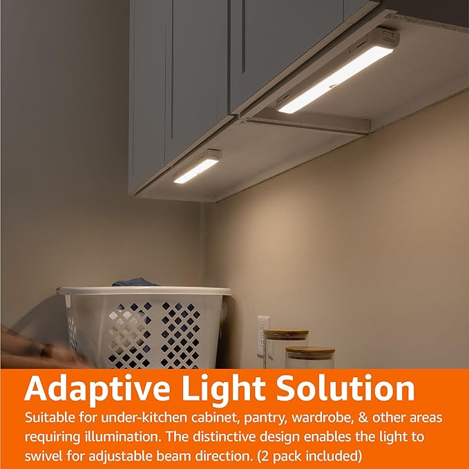 Amazon Basics LED USB/Battery Operated Light Bar, Swivel Motion Sensor, Stick on Lights, 250 Lumens, 12 Inches, Under Cabinet Lighting, Closet, Kitchen, 2 Pack, White