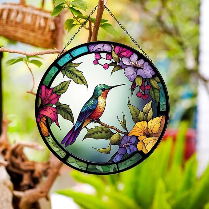 Hummingbirds and Flowers Pattern Hanging Stained Glass Suncatcher,Stained Glass Suncatchers for Windows,20cm/7.87inch Hand-Painted Sun Catcher Garden Painted Glass Panel Decor Themed Gift