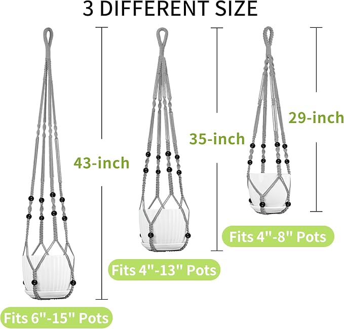 3 Pack Macrame Plant Hanger - 43"/35"/29" Different Sizes, Hanging Planter Basket Flower Pot Holder for Indoor Outdoor, with Wood Beads, Boho Home Decor, Gray (POTS NOT Included)