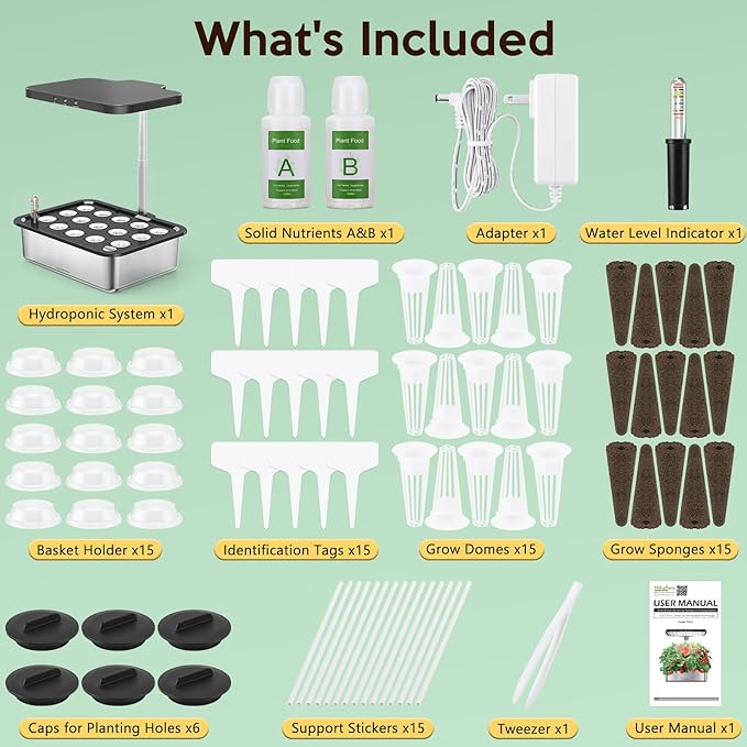 Hydroponics Growing System Herb Garden - HidroPony 15 Pods Indoor Gardening System with Grow Light, Stainless Steel Plants Germination Kit with Quiet Pump System, Gardening Gifts for Women