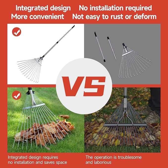 Adjustable Garden Metal Rake -32 to 63 Inch ,Hand Weed Collapsible Camping Landscape Dethatcher Rake for Leaves Shrub Yard Lawns,Leveling Yard Tool,Black