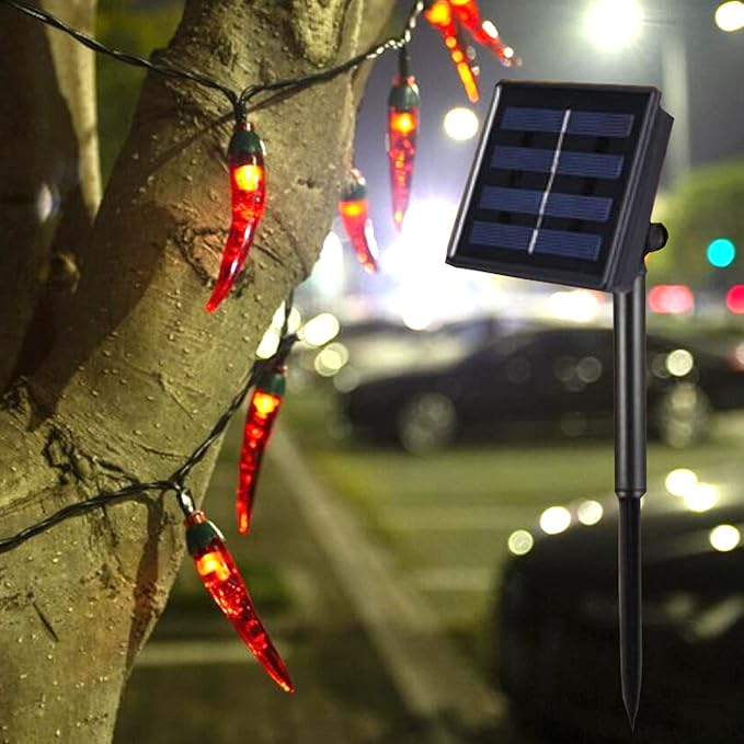 100 LED Chili Shape Fairy String Lights, Solar Operated, Red, 10m Length, Outdoor Use, Wedding, Christmas Decoration