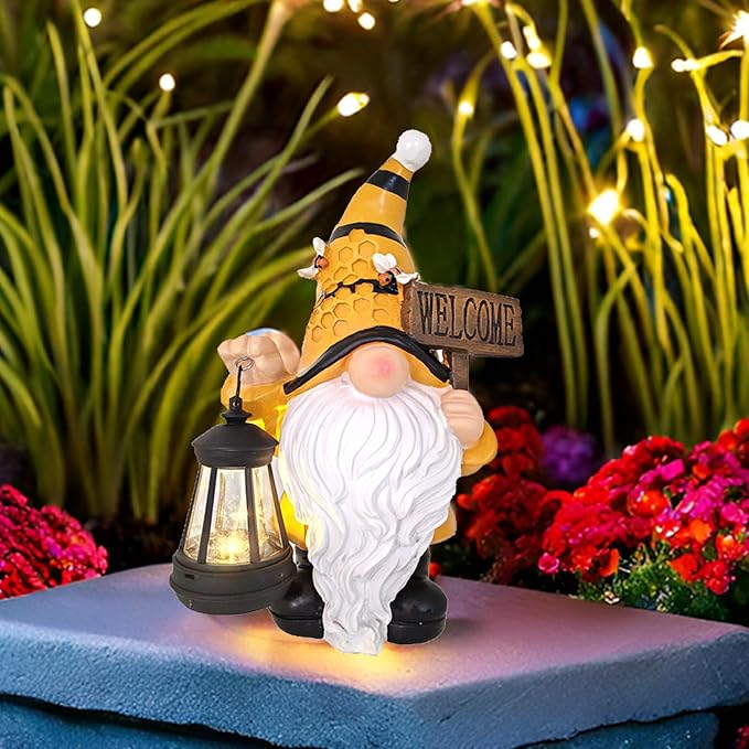 Gnome Garden Statues with Solar Lights Outdoor Gnomes Sculpture Yard Patio Decor for Lawn Ornaments Gardening Gifts(Bee Gnome