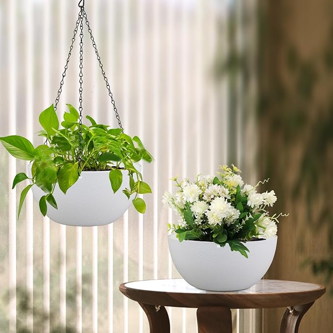 10 inch Hanging Planters for Indoor Outdoor Plants, 2 Pack Hanging Flower Pots with Drainage Holes and Chain for Garden Balcony Porch, Round Plastic Hanging Baskets for House Plants, White