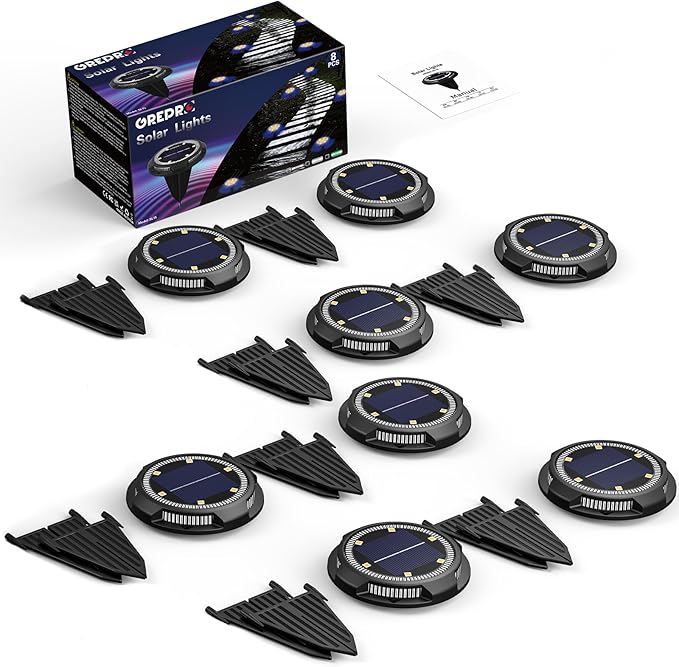 GREPRO Solar Ground Light, 12 Packs 10 LED Solar Outdoor Lights Waterproof for Outdoor Garden Light Solar IP65 Waterproof Warm White Garden Lights Solar for Lawn/Driveway/Walkway/Patio, Black