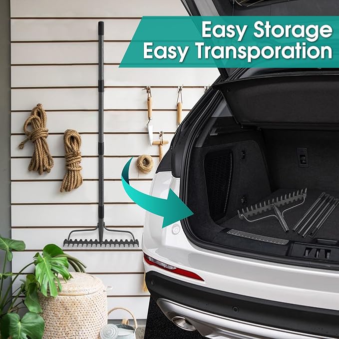 Garden Rake:63 Inch Metal Garden Leaf Rake with 17 Tines, Heavy Duty Bow Rakes for Lawn Yard Leaves Debris Mulch Gravel Thatch Clean,Lawn Care Gardening Landscaping