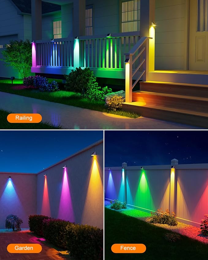 12 Pack Color Changing Solar Powered Fence Lights Outdoor Decorative LED Waterproof Yard Lighting for Outside Wall, Deck, House Patio, Rail, Backyard, 8 Colorful Modes, Easy Install (White Shell)