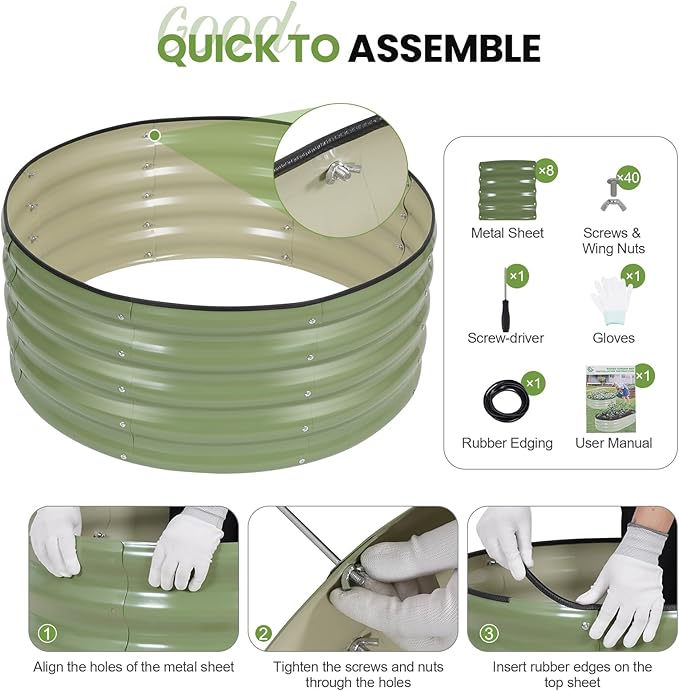 G GOOD GAIN Round Raised Garden Bed - 1Pcs 3x3x1.4ft Galvanized Steel Planter Boxes Outdoor with Rubber Edge Trim | Metal Raised Beds for Gardening Vegetables Flowers Fruits Herbs (Olive Green)