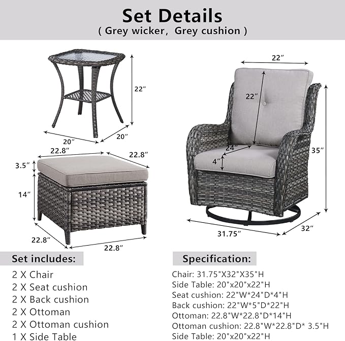 5 Pieces Patio Furniture Sets Wicker Outdoor Furniture, Rattan Patio Swivel Glider Chairs with 2 Ottoman and Glass Side Table