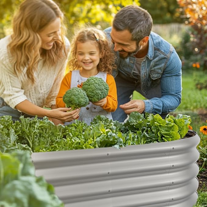 8x2ft Oval Galvanized Raised Garden Bed Kits 16" Tall Outdoor Large Metal Modular Planter Box 9-in-1 Raised Beds for Gardening,Vegetables,Fruits,Flowers & Herbs (Silver)