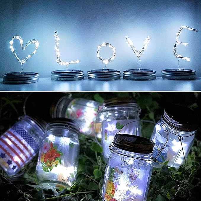 8 Pack Fairy Star Firefly Jar Lids Lights,Solar Fairy String Lids Lights(No Jars),Waterproof Lantern Mason String Solar Lights with Hangers for Regular Mouth Jars Christmas Gifts(Cold White)