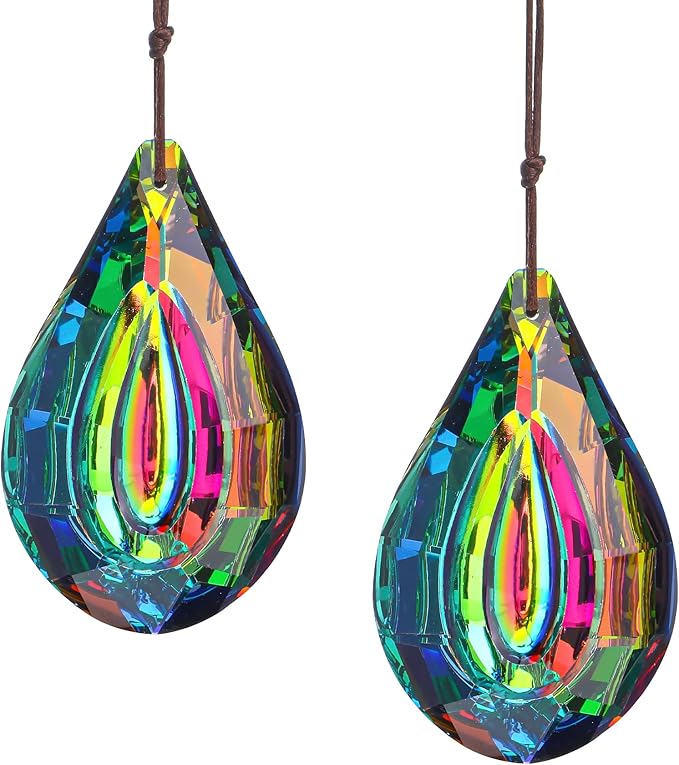 HDCRYSTALGIFTS Set 2 Crystal Prisms Suncatchers for Windows,76mm Rainbow Sun Catcher Glass Hanging Prisms Suncatcher Pendant for Home Garden Decor (Single Face Colorful)