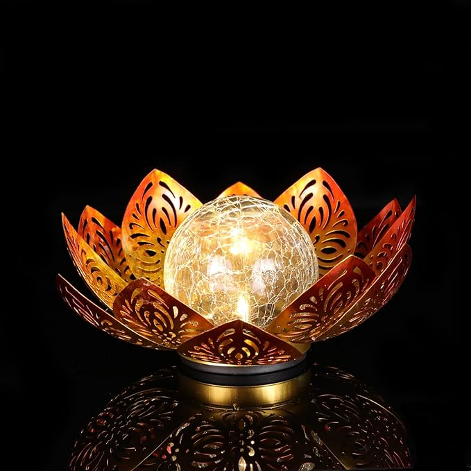 12 inches Solar Lights Outdoor Garden, Crackle Globe Glass Lotus Decoration, Waterproof LED Metal Flower Lights for Patio,Lawn,Walkway,Tabletop,Ground Gardening Gifts (Gold Hollow)