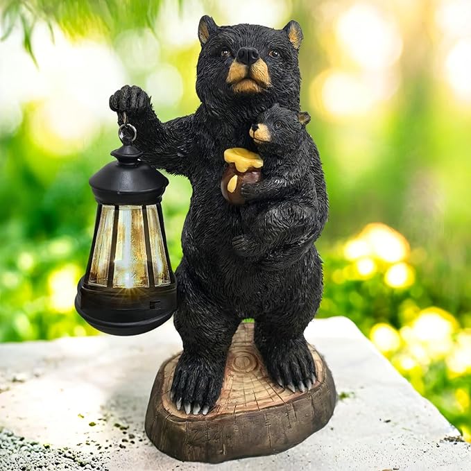 Garden Statues Bear with Solar Lantern, Outdoor Bear Figurines Decorations for Patio Yard Lawn Ornaments, Gifts for Mom/Grandma Birthday Housewarming