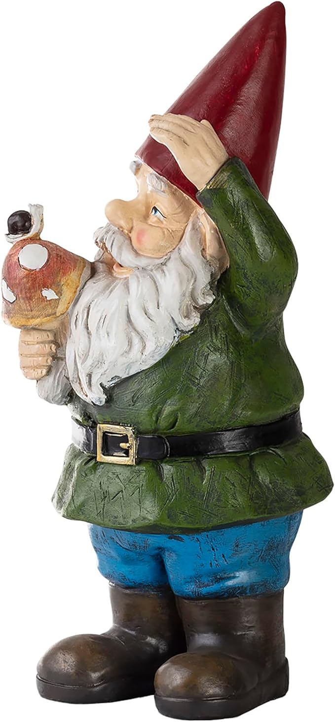 Alpine Corporation 12" Tall Outdoor Garden Gnome with Mushroom Yard Statue Decoration