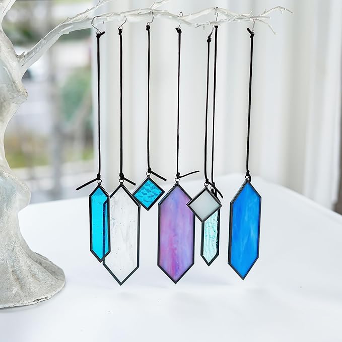HDCRYSTALGIFTS Stained Glass Window Hanging Suncatchers - 7 Pieces Handcrafted Element Earth Tones Set,Modern Blue Wall Art Sun Catchers Indoor Window Glass Decor Gifts for Mom,Grandma