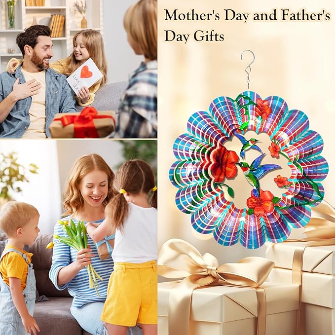 Hummingbird Wind Spinner - Hummingbird Gift for Women Men, Metal Wind Spinners for Outdoor & Indoor Decoration 12in 3D Hanging Bird Wind Catcher Unique Garden Decor Kinetic Yard Art Ornament