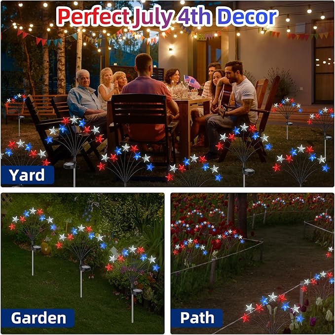 4th of July Decorations Solar Garden Lights, Fourth of July Red White and Blue Light Solar Lights Outdoor, Waterproof Patriotic Decor with 9 LED 2 Lighting Modes for Independence Day, 2 Pack
