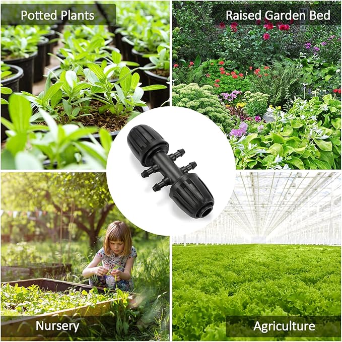 12 Pcs 1/2 inch to 1/4 inch Drip Irrigation Tubing Fittings, 1/2" Drip Tubing (1/2" ID x 0.65" OD) to 4 Way 1/4" Irrigation Tubing Locked Barbed Reducing Tee Connectors for Garden Systems
