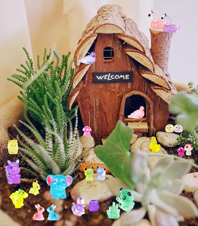 120 Pack Various Luminous Mini Resin Animals, Mini Ducks Dinosaurs Tiny Frogs Pandas Small Mushroom Miniature Figurines Glow in The Dark for DIY Garden Micro Landscape Aquarium Potted Decor