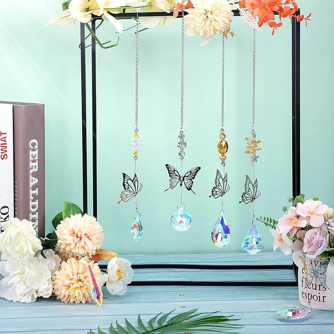 Hicarer 7 Pieces Crystals Suncatcher Butterfly Prism Sun Catchers Colorful Crystal Chandelier Rainbow Pendant Christmas Tree Decor Wall Hanging Window Ornament
