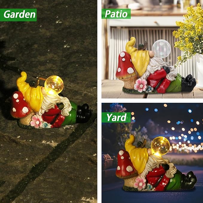 Garden Gnome Statue Outdoor Decor, Funny Gnome Figurine Lying on Mushroom with Crackle Globe Lights, Waterproof Resin Sculptures Lawn Ornament Tabletop Decorations for Porch Yard Decor