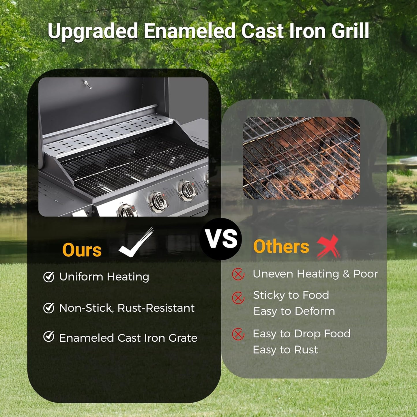 4-Burner Propane Gas Grill, Stainless Steel BBQ with 40,000 BTU, Foldable Side Shelves, Porcelain-Coated Grates, Ideal for Patio & Backyard Cooking (4 Burner)