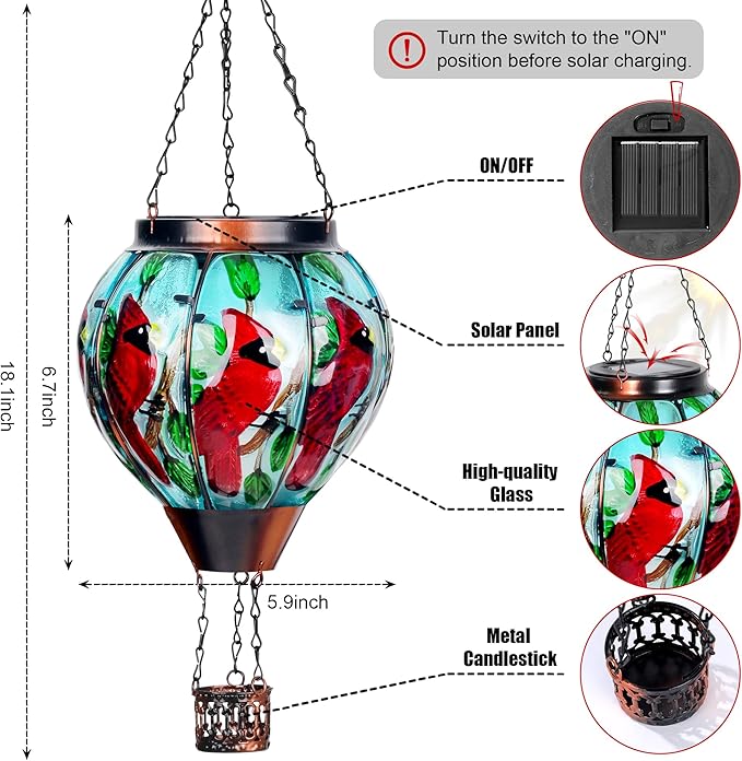 2 Pack Cardinal Solar Hot Air Balloon Lantern with Flame, Outdoor Christmas Decorations Flickering Solar Lights, Glass Hanging Solar Lantern Waterproof, Gardening Gifts for Outdoor Garden Patio Decor